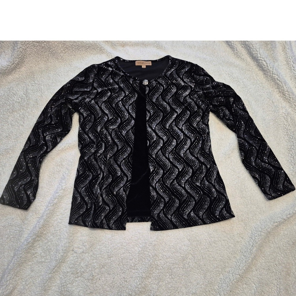 Notations Womens Black Velvet Silver Glitter Wave Cardigan Jacket Size Small